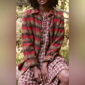 THE GREAT. Plaid Shacket in Red and Brown Plaid, Size 1/Small